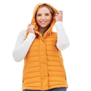 Aventura Yam Orange Quilted Hooded Soltex Vest. Fair Trade Certified. NWT